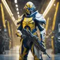 Full body of a high elf sci fi soldier wearing heavy sci fi elven armor, navy blue and yellow and white armor and helmet, visor, boots, male, holding a light machine gun, 8k, Sci-Fi, Fantasy