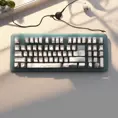 A translucent keyboard, designed by Charles Eames. mid-century modern design inspiration. Beautiful natural lighting, on desk., 8k, Intricate Details, Trending on Artstation, Sci-Fi, Unreal Engine, Volumetric Lighting