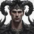 Head of a man with black hair wearing a horned crown, 4k resolution, Ultra Detailed, Closeup of Face, Gothic and Fantasy, Gothic, Horns, Large Eyes, Strong Jaw