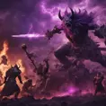 War in mystical realms; fantasy photorealistic rendering; ancient civilization;  valiant heroes vs ominous purple devil., 8k, Fantasy