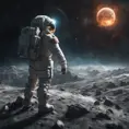 A space explorer on moon, viewing how the earth is destroyed, Magical, Stunning, Digital Painting, Cinematic Lighting, Sharp Focus, Dark, Hyper Realistic