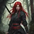 Red haired armed kunoichi ninja in a haunted forest, Highly Detailed, Intricate, Gothic, Volumetric Lighting, Fantasy, Dark by Stanley Artgerm Lau