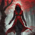 Red hooded female ninja in a haunted forest, Highly Detailed, Intricate, Gothic, Volumetric Lighting, Fantasy, Dark by Stanley Artgerm Lau