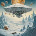 large landscape Photography, a large origami spaceship sailing in space around a frozen planet is attacked by enemy rockets, 80 degree view, 8k, Sci-Fi by Salvador Dali, James Jean