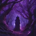 A mysterious witch cloaked in purple chaos energy, standing in a dark forest of salix trees, glowing with a powerful energy, 8k, High Definition, Highly Detailed, Trending on Artstation, Darkwave, Epic, Isometric, Cinematic Lighting, Smooth, 3D Rendering, Octane Render, Vibrant Colors, Ominous by Stanley Artgerm Lau, Zdzislaw Beksinski, H. R. (Hans Ruedi) Giger