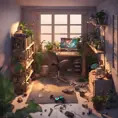 isometric render, messy nostalgic bedroom with a gaming pc, windows, plants bookshelves, desk, 8k, Behance, Dynamic Lighting, Concept Art, 3D art, Muted