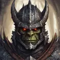 A close up of an orc wearing a helmet, ornate dramatic bat wing helmet, digital 2d fantasy art, intricate armor, face of an armored villian, Highly Detailed, Symmetrical Face, Dark Souls, Concept Art, Fantasy, Dark by Alex Grey, Dan Mumford