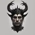 Head of a man with black hair wearing a horned crown, 4k resolution, Ultra Detailed, Closeup of Face, Gothic and Fantasy, Gothic, Horns, Large Eyes, Strong Jaw