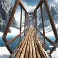 A steep cliff, in the middle of snow-capped mountains go to a big wood bridge., 8k, Masterpiece, Wallpaper, Hyper Realistic