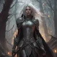 Ashen haired female paladin in a haunted forest, Highly Detailed, Intricate, Gothic, Volumetric Lighting, Fantasy, Dark by Stanley Artgerm Lau