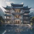 A gorgeous Chinese - style high - rise villa stands in the valley, luxurious majestic silver - grey blue antique palace, 8k, HD, High Definition, Trending on Artstation, Soft Lighting