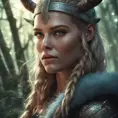 Closeup of a beautiful female viking in a magical forest, 4k, Highly Detailed, Masterpiece, Pretty Face, Digital Illustration, Cinematic Lighting, Realistic, Sharp Focus, Centered, Beautifully Lit, Bioluminescent by Stanley Artgerm Lau