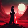 Portrait of a silhouette star wars female jedi with her red lightsaber, on an alien planet, in the style of evocative environmental portraits, dark, red, Sci-Fi, Volumetric Lighting