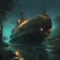 Beached steampunk submarine shipwreck in swamp,  dark atmosphere, night, mijn, highly detailed, digital painting, artstation, concept art, smooth, sharp focus, illustration, art by artgerm and greg rutkowski and alphonse mucha, erte, 8 k, Highly Detailed, Artstation, Digital Painting, Illustration, Sharp Focus, Smooth, Concept Art by Stanley Artgerm Lau, Greg Rutkowski