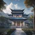 A gorgeous Chinese - style high - rise villa stands in the valley, luxurious majestic silver - grey blue antique palace, 8k, HD, High Definition, Trending on Artstation, Soft Lighting