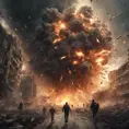 a mass explosion on earth that destroys all of humanity, scary, massive explosion, humans running away from it, 8k, Dystopian, Dark