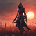 Female assassin creed emerging from a batte field. Sky is colored by a red sun set., 8k, Dystopian, Trending on Artstation, Volumetric Lighting