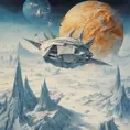 large landscape Photography, a large origami spaceship sailing in space around a frozen planet is attacked by enemy rockets, 80 degree view, 8k, Sci-Fi by Salvador Dali, James Jean