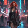 full body shot, beautiful woman walking with beatiful and detailed eyes, dynamic pose, slightly athletic beatiful body, medium-sized chest, detailed attire, Hyper Detailed, Intricate Artwork, Masterpiece, Cybernatic and Sci-Fi, Cyberpunk, Freckles, Full Lips, Red Hair, Smiling, Digital Illustration, Cityscape, Blade Runner 2049, Neon light effect, Realistic, Sharp Focus, Wide Angle, Neon, Dripping Colors, Matte, Futurism, Artwork, Dieselpunk, Colorful, Dynamic, Elegant, Expressive, Graceful, Hot, Gloomy, Sad, Stormy, Terrifying, Tired