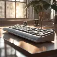 A translucent keyboard, designed by Charles Eames. mid-century modern design inspiration. Beautiful natural lighting, on desk., 8k, Intricate Details, Trending on Artstation, Sci-Fi, Unreal Engine, Volumetric Lighting