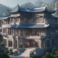 A gorgeous Chinese - style high - rise villa stands in the valley, luxurious majestic silver - grey blue antique palace, 8k, HD, High Definition, Soft Lighting