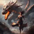 Beautiful sorceress girl running away from dragon, Gothic and Fantasy, Stunning, Digital Painting, Cinematic Lighting, Sharp Focus