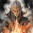 Sauron from LOTR in his elven form in flames and smoke in naruto, Watercolor, Anime, Dark