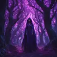 A mysterious witch cloaked in purple chaos energy, standing in a dark forest of salix trees, glowing with a powerful energy, 8k, High Definition, Highly Detailed, Trending on Artstation, Darkwave, Epic, Isometric, Cinematic Lighting, Smooth, 3D Rendering, Octane Render, Vibrant Colors, Ominous by Stanley Artgerm Lau, Zdzislaw Beksinski, H. R. (Hans Ruedi) Giger