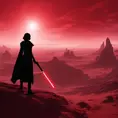 Portrait of a silhouette star wars female jedi with her red lightsaber, on an alien planet, in the style of evocative environmental portraits, dark, red, Sci-Fi, Volumetric Lighting