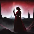 Portrait of a silhouette star wars figure in her red lightsaber, in the style of evocative environmental portraits, dark, red, Sci-Fi, Volumetric Lighting