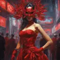 Asian cyberpunk feme fatale in expensive red dress with mask at a masquerade ball smart but dangerous in a high-tech club., Oil on Canvas, Photo Realistic