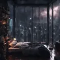 Beautiful cozy, tiny, cramped bedroom with floor to ceiling glass windows overlooking a cyberpunk city at night, view from top of skyscraper, bookshelves, thunderstorm outside with torrential rain, 8k, Highly Detailed, Photo Realistic, Dark, Gloomy