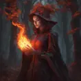 Fire mage in a haunted forest, Highly Detailed, Intricate, Gothic, Volumetric Lighting, Fantasy, Dark by Stanley Artgerm Lau