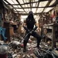 Wide angle Environmental shot of ninja assassin in a cluttered and messy shack, chaotic shack in background, maxilism, Darkwave, Photo Realistic, Sharp Focus, Vibrant Colors