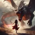 Beautiful sorceress girl running away from dragon, Gothic and Fantasy, Stunning, Digital Painting, Cinematic Lighting, Sharp Focus