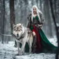 Lady of the Wild Hunt in action. Attractive slender woman with long white hair, emerald green eyes, red lips. Fierce expression. Dressed in viking dress. Frost on the ground. Standing next to large aggressive wolf., Full Body, Photo Realistic