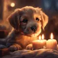 Epic shot of ultra cute puppy in a warm cozy evening candle lit atmosphere, Digital Painting, Photo Realistic, Sharp Focus