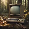 Retro Macintosh desktop computer abandoned in the woods, shot on leica, Unreal Engine, Dynamic Lighting, Volumetric Lighting