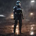 Digital art of a female TIE fighter pilot in the mud and rain on a landing pad at night, Unreal Engine, Volumetric Lighting