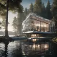 Beautiful futuristic architectural glass house in the forest on a large lake, 8k, Award-Winning, Highly Detailed, Beautiful, Epic, Octane Render, Unreal Engine, Radiant, Volumetric Lighting by Santiago Calatrava