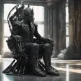 An ultrarrealistic distant   photograph of a futuristic medieval  king style  power suit, made of black mate  metal and polymer, full crystal hull, for a man, visible wires,  sitting in a throne, 8k, Dystopian, Elegant