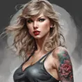 Matte portrait of Taylor Swift with colored tattoos, 4k, Highly Detailed, Powerful, Alluring, Artstation, Magical, Digital Painting, Photo Realistic, Sharp Focus, Grayscale, Volumetric Lighting, Concept Art by Stanley Artgerm Lau, Alphonse Mucha, Greg Rutkowski