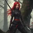 Red haired armed kunoichi ninja in a haunted forest, Highly Detailed, Intricate, Gothic, Volumetric Lighting, Fantasy, Dark by Stanley Artgerm Lau