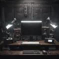 A dark industrial wood desk, with very monitors,very electronic, maximalism, industrial, high tech, ambient occlusion, atmospheric haze, Photo Realistic, Volumetric light effect, Octane Render, Unreal Engine, Wide-angle lens, Ambient Occlusion