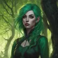 Green haired half-elf in a haunted forest, Highly Detailed, Intricate, Gothic, Volumetric Lighting, Fantasy, Dark by Stanley Artgerm Lau