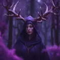 A mysterious witch cloaked with antlers in purple chaos energy, in a dark forest of salix trees, 8k, High Definition, Highly Detailed, Trending on Artstation, Darkwave, Epic, Isometric, Cinematic Lighting, Smooth, 3D Rendering, Octane Render, Vibrant Colors, Ominous by Stanley Artgerm Lau, Zdzislaw Beksinski, H. R. (Hans Ruedi) Giger