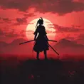 Silhouette of a samurai female assassin on a batte field. Sky is colored by a red sun set., 8k, Dystopian, Trending on Artstation, Volumetric Lighting