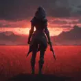 Back view of a female assassin on a batte field. The sky is colored by a red sun set., 8k, Dystopian, Trending on Artstation, Volumetric Lighting