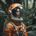 Medium-full shot, muted photo portrait titled "female Astronaut in a Jungle", tangerine space suit, muted palette, reflections, 8k, Highly Detailed