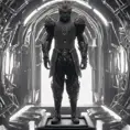 An ultrarrealistic distant   photograph of a futuristic medieval  king style  power suit, made of black mate  metal and polymer, full crystal hull, for a man, visible wires,  sitting in a throne, 8k, Dystopian, Elegant